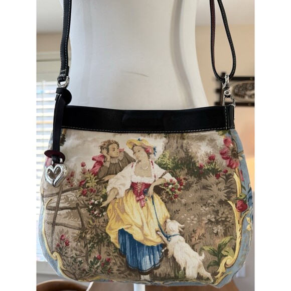 Brighton Reversible Tapestry Leather Crossbody Shoulder Bag Heart Charm Boho Vtg - Picture 4 of 14